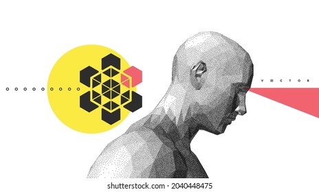 Abstract man head made from dots. Scientific discoveries. Side view of dotted face background. Minimalistic design for presentation, placard, banner, cover or brochure. 3D vector illustration. 