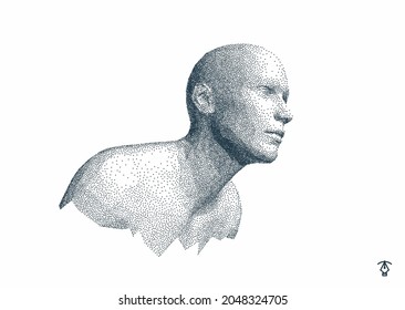 Abstract Man Head Made From Dots. Side View Of Dotted Face Background. Facial Recognition. 3D Vector Illustration. 