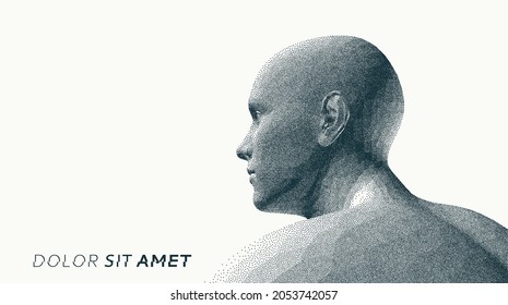 Abstract Man Head Made From Dots. Side View Of Dotted Face Background. Facial Recognition. 3D Vector Illustration. 