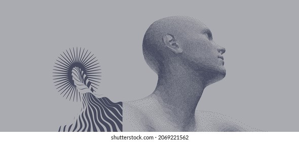 Resumen de la cabeza del hombre hecha de puntos. Vista lateral del fondo de la cara con puntos. Moviendo a una persona en el espacio. Creación del hombre. Concepto futurista. Ilustración vectorial 3D.