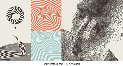 Abstract man head made from dots. Cover design template. Geometric pattern. 3D vector illustration for brochure, poster, card, invitation, poster, textile print, presentation, flyer or banner.