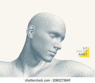 Abstract man head made from dots. Side view of dotted face background. Facial recognition. 3D vector illustration. 