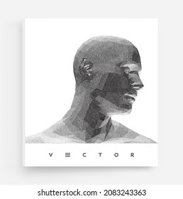 Abstract man head made from dots. Side view of dotted face background. Facial recognition. 3D vector illustration. 