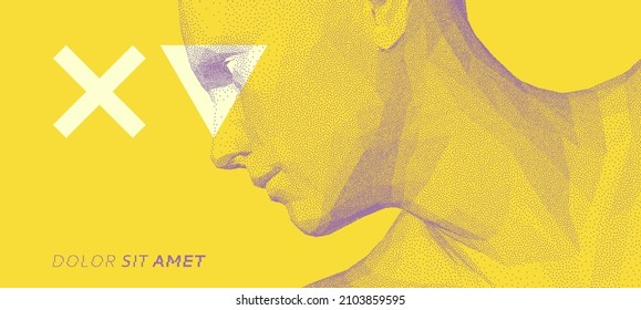 Abstract man head made from dots. Cover design template. 3D vector illustration. Can be used for advertising, marketing or presentation.