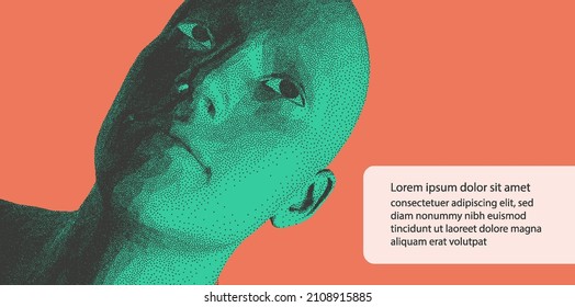 Resumen de la cabeza del hombre hecha de puntos. Plantilla para texto. Persona que deja un comentario. Soporte fiable. Esperando ayuda. Ilustración vectorial 3D de Pixel para presentación, medios sociales o propósito de impresión. 