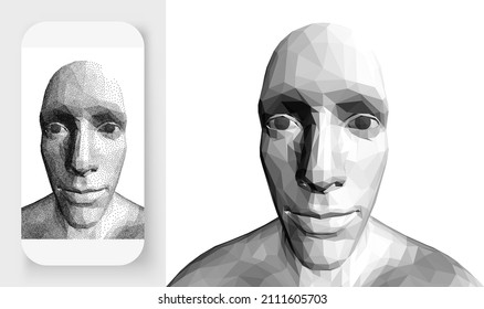 Resumen de la cabeza del hombre hecha de puntos. Arte de Pixel. Tecnología de reconocimiento facial. Escaneo de identificación biométrica en smartphone. Ilustración vectorial 3D.