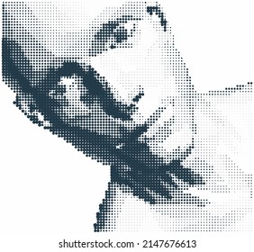 Abstract man head made from dots. Facial recognition. Close-up portrait of a man. Digital vision. Security technology and surveillance. Pixel art. 3D vector illustration.