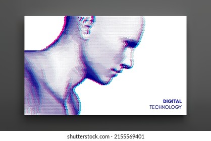 Resumen de la cabeza del hombre hecha de puntos. Vista lateral del fondo de la cara con puntos. Reconocimiento facial. Ilustración vectorial 3D.