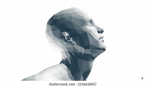 Abstract man head made from dots. Side view of dotted face background. Cover design template. 3D vector illustration for banner, flyer, poster or brochure.