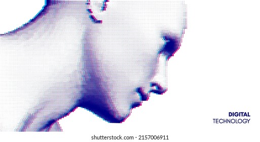 Abstract man head made from dots. Side view of dotted face background. Facial recognition. 3D vector illustration.