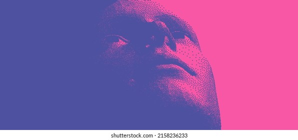 Abstract man head made from dots. Pixel art. Retro style. Time to think. Giving it a little thought. Minimalistic design for business presentations, flyers or posters. 3d vector illustration.