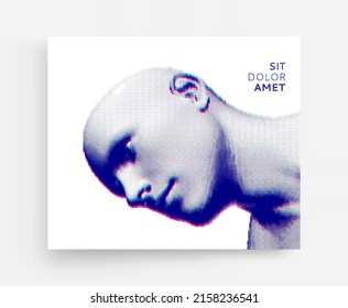 Abstrakter menschlicher Kopf aus Punkten. Seitenansicht auf gepunktetem Hintergrund. Gesichtserkennung. 3D-Vektorgrafik.
