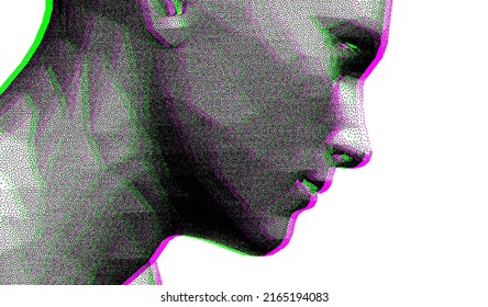 Abstract man head made from dots. Side view of dotted face background. Cover design template. 3D vector illustration for banner, flyer, poster or brochure.
