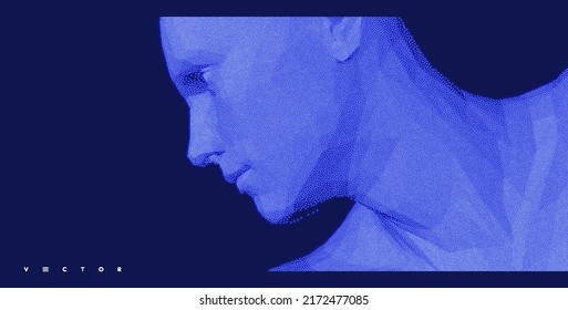 Abstract Man Head Made From Dots. Side View Of Dotted Face Background. Facial Recognition. 3D Vector Illustration.