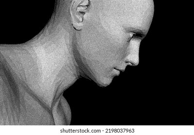 Resumen de la cabeza del hombre hecha de puntos. Vista lateral del fondo de la cara con puntos. Plantilla de diseño de portada. Ilustración vectorial 3D para banner, volante, afiche o folleto.