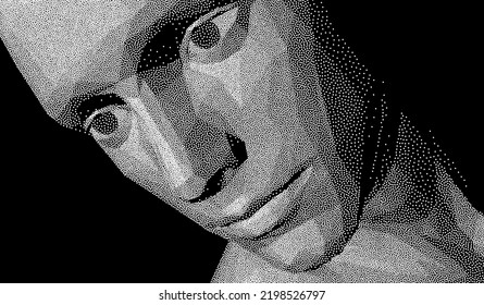 Abstract man head made from dots. Side view of dotted face background. Cover design template. 3D vector illustration for banner, flyer, poster or brochure.