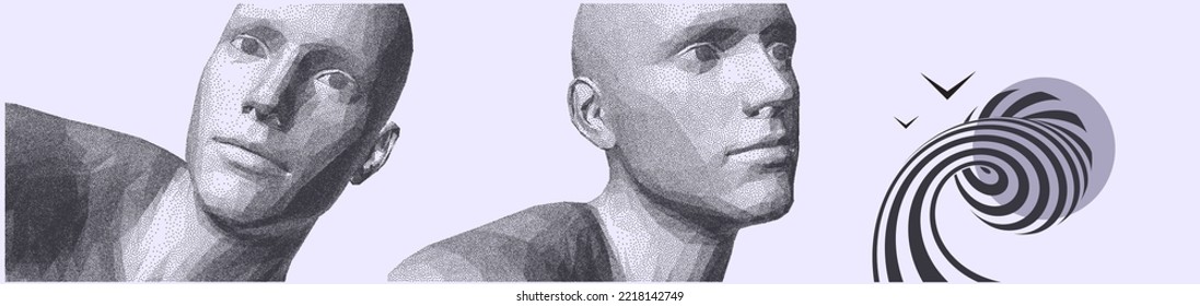 Abstract man head made from dots. Cover design template. 3d vector illustration. Applicable for placard, banner, brochure, planner or notebook.