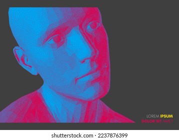 Abstract man head made from dots. Side view of dotted face background. Cover design template. 3D vector illustration for banner, flyer, poster or brochure.