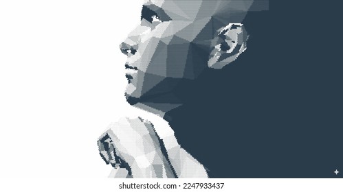 Abstrakter menschlicher Kopf aus Punkten. Zeit zum Nachdenken. Suche nach Antworten. Stipple Effekt. Pixelkunst. Design-Vorlage. 3D-Vektorgrafik für Banner, Flyer, Poster oder Broschüren.