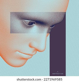 Abstract man head made from dots. Side view of dotted face background. Cover design template. Minimalistic design for business presentation, placard, banner, cover, brochure or notebook. 3d vector. 