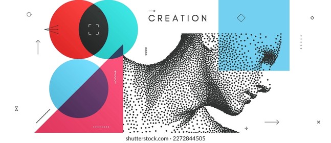 Abstract man head made from dots. Side view of dotted face background. Cover design template. Minimalistic design for business presentation, placard, banner, cover, brochure or notebook. 3d vector. 