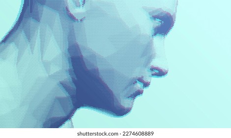 Abstract man head made from dots. Side view of dotted face background. Facial recognition. 3D vector illustration.