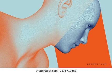 Abstract man head made from dots. Side view of dotted face background. Cover design template. Minimalistic design for business presentation, placard, banner, cover, brochure or notebook. 3d vector. 