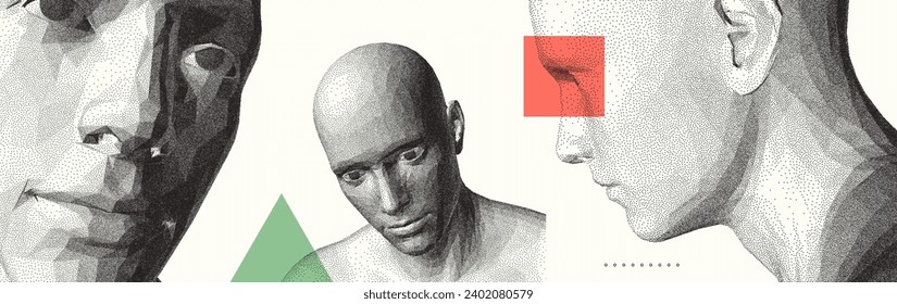 Abstract man head made from dots. Close-up portrait of a man. Digital vision. Security technology and surveillance. 3D vector illustration for cover, card, banner, brochure, advertising, presentation.