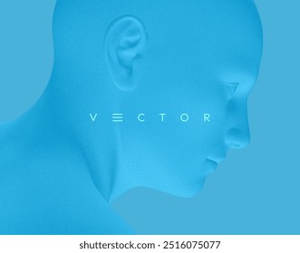 Abstract man head made from dots. Side view of dotted face background. Facial recognition. 3D vector illustration.