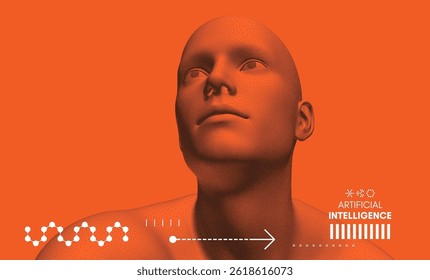Abstract man head made from dots. Side view of dotted face background. Facial recognition. 3D vector illustration for cover, card, postcard, banner, poster, brochure or presentation.