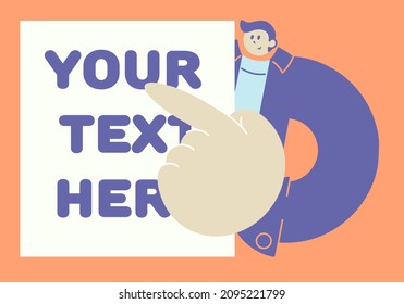 Abstract Man in a jacket in Very Peri color points a finger at a banner with text. Vector illustration in flat style