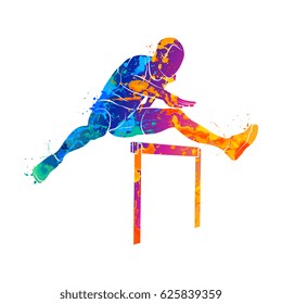 Abstract Man Jumping Over Hurdles From Splash Of Watercolors. Vector Illustration Of Paints.