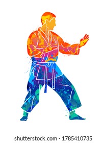 Abstract man in kimono training karate from splash of watercolors. Vector illustration of paints