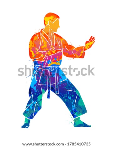 Abstract man in kimono training karate from splash of watercolors. Vector illustration of paints