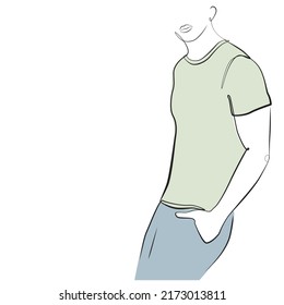 Abstract man line art on white isolated background. Person in dress stands in a relaxed position vector illustration