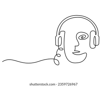 Resumen El hombre escucha música en los auriculares. Dibujo continuo de una línea. Arte de esquema de ilustración de vector