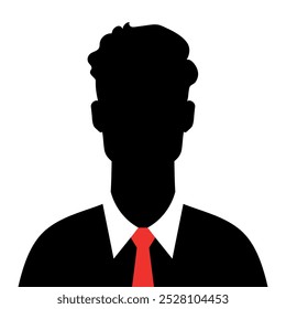 Abstract man with long hair silhouette in red tie. Dark male silhouette avatar emblem. Vector illustration