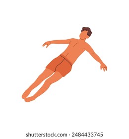 Abstract man lying on water, sunbathing. Person floating on back with spreading hands on sea. Boy in swimsuit relax on ocean on summer vacations. Flat isolated vector illustration on white background