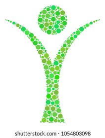 Abstract Man mosaic of filled circles in variable sizes and fresh green shades. Vector dots are united into abstract man illustration. Freshness design concept.