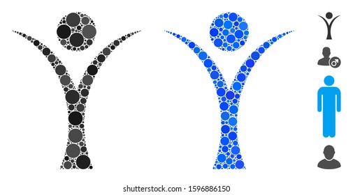 Abstract man mosaic of small circles in different sizes and shades, based on abstract man icon. Vector filled circles are organized into blue mosaic.