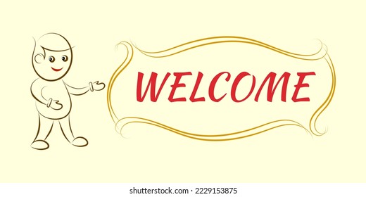 Abstract man on a yellow background with the inscription WELCOME. Print, logo, icon. Color vector illustration.