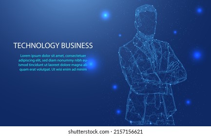 Abstract Man Portrait By High Tech Businessman On Polygon From Dotted Lines And Dark Background Blue Line Shapes.
