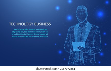 Abstract Man Portrait By High Tech Businessman On Polygon From Dotted Lines And Dark Background Blue Line Shapes.
