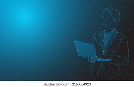 Abstract Man Portrait By High Tech Businessman On Polygon From Dotted Lines And Dark Background Blue Line Shapes