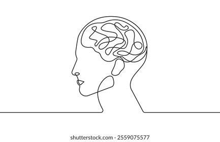 Abstract Man Profile with Brain One Line Vector Drawing. Idea Concept with Portrait Simple Minimalistic Style. Smart Head Modern Continuous Line Art. Not AI