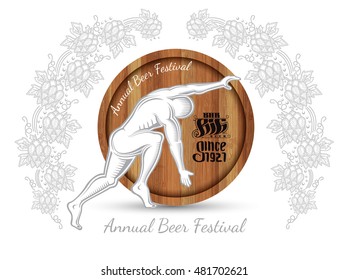 Abstract man push realistic barrel in the center of wreath from hop cone. Beer illustration on white