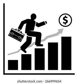 Abstract man quickly moves on the growing diagram bars towards his business success and wealth. Vector illustration