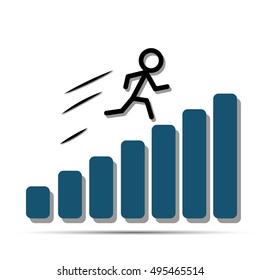 Abstract man quickly moves on the growing diagram bars towards his business success and wealth. Vector illustration