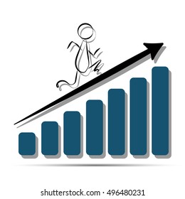 Abstract man quickly moves on the growing diagram bars towards his business success and wealth. Vector illustration