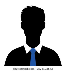 Abstract man silhouette in blue tie. Dark male silhouette in necktie isolated on white background. Vector illustration